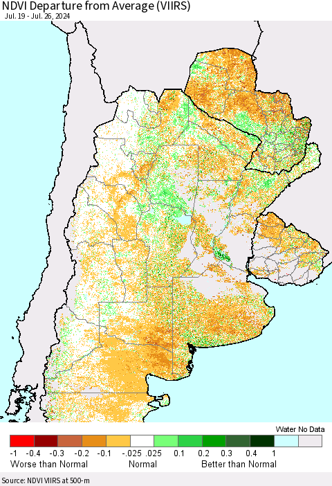 Southern South America NDVI Departure from Average (VIIRS) Thematic Map For 7/19/2024 - 7/26/2024