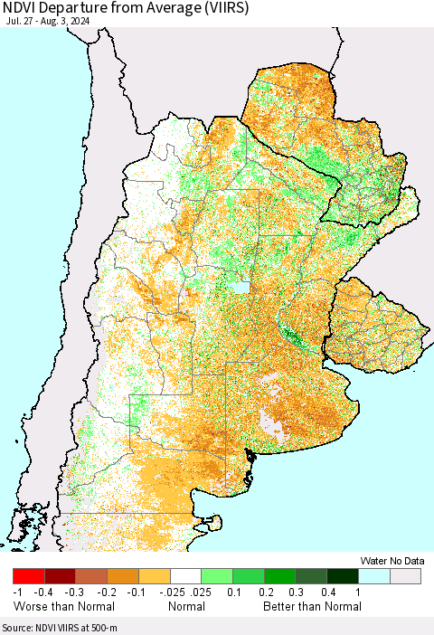 Southern South America NDVI Departure from Average (VIIRS) Thematic Map For 7/27/2024 - 8/3/2024