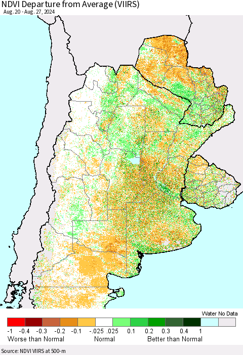 Southern South America NDVI Departure from Average (VIIRS) Thematic Map For 8/20/2024 - 8/27/2024