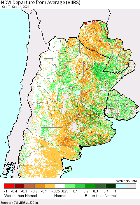 Southern South America NDVI Departure from Average (VIIRS) Thematic Map For 10/7/2024 - 10/14/2024
