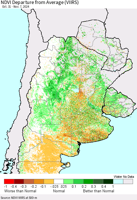 Southern South America NDVI Departure from Average (VIIRS) Thematic Map For 10/31/2024 - 11/7/2024