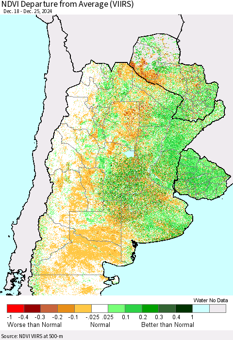 Southern South America NDVI Departure from Average (VIIRS) Thematic Map For 12/18/2024 - 12/25/2024