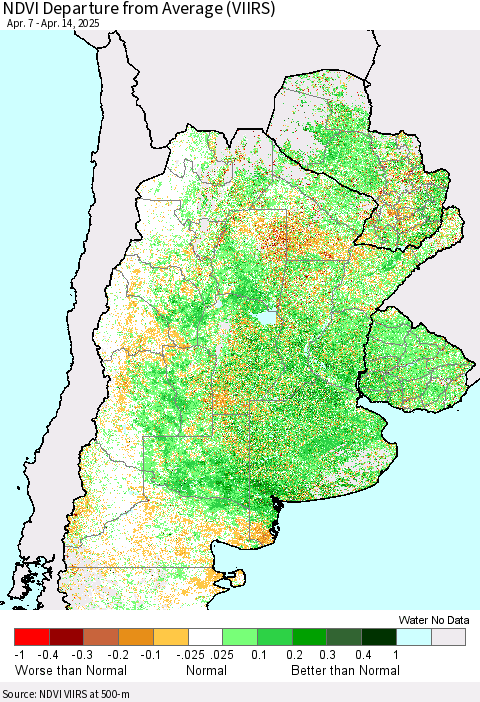 Southern South America NDVI Departure from Average (VIIRS) Thematic Map For 4/7/2025 - 4/14/2025