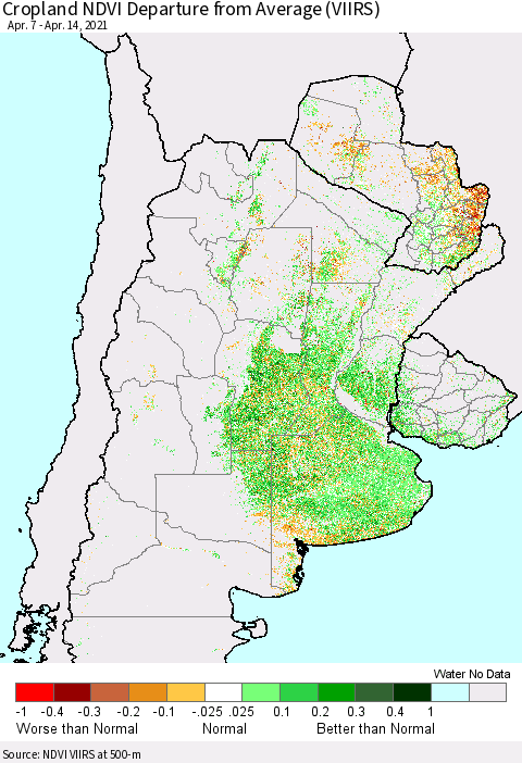 Southern South America Cropland NDVI Departure from Average (VIIRS) Thematic Map For 4/7/2021 - 4/14/2021
