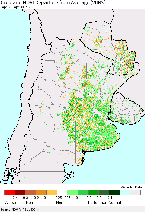 Southern South America Cropland NDVI Departure from Average (VIIRS) Thematic Map For 4/23/2021 - 4/30/2021