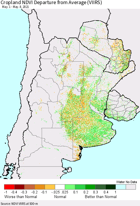 Southern South America Cropland NDVI Departure from Average (VIIRS) Thematic Map For 5/1/2021 - 5/8/2021