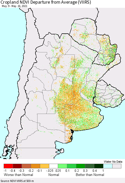 Southern South America Cropland NDVI Departure from Average (VIIRS) Thematic Map For 5/9/2021 - 5/16/2021