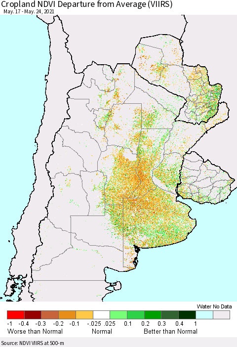 Southern South America Cropland NDVI Departure from Average (VIIRS) Thematic Map For 5/17/2021 - 5/24/2021
