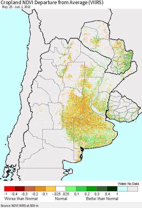Southern South America Cropland NDVI Departure from Average (VIIRS) Thematic Map For 5/25/2021 - 6/1/2021