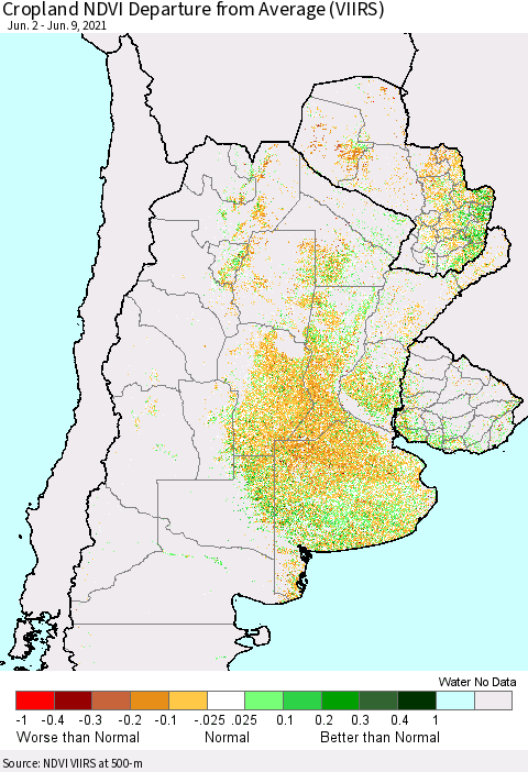 Southern South America Cropland NDVI Departure from Average (VIIRS) Thematic Map For 6/2/2021 - 6/9/2021