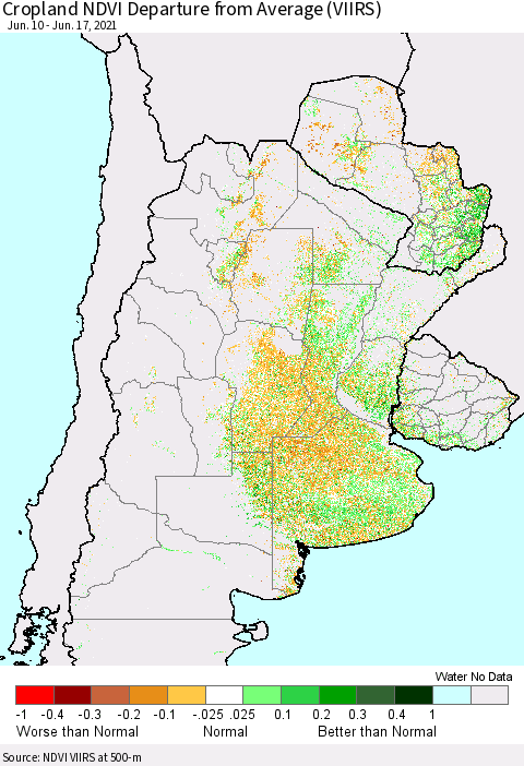Southern South America Cropland NDVI Departure from Average (VIIRS) Thematic Map For 6/10/2021 - 6/17/2021