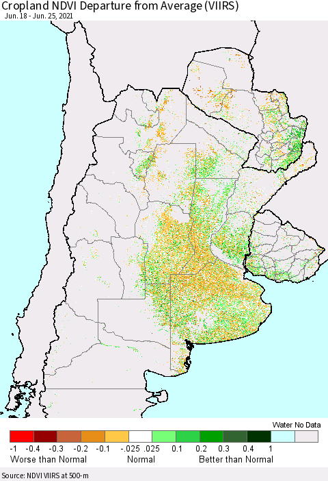 Southern South America Cropland NDVI Departure from Average (VIIRS) Thematic Map For 6/18/2021 - 6/25/2021