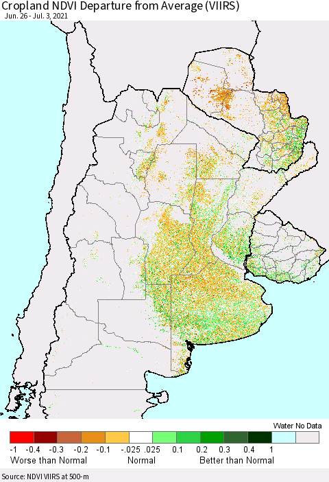 Southern South America Cropland NDVI Departure from Average (VIIRS) Thematic Map For 6/26/2021 - 7/3/2021