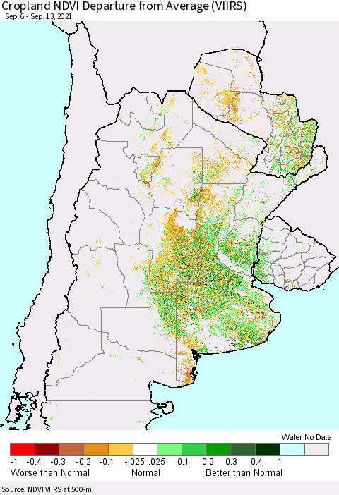 Southern South America Cropland NDVI Departure from Average (VIIRS) Thematic Map For 9/6/2021 - 9/13/2021