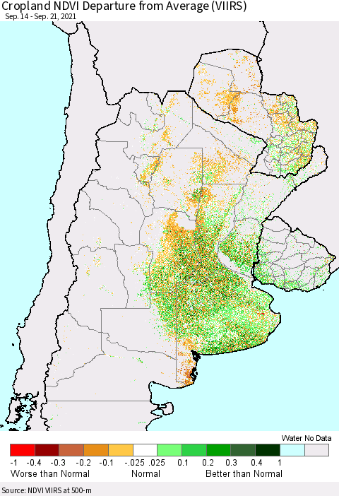 Southern South America Cropland NDVI Departure from Average (VIIRS) Thematic Map For 9/14/2021 - 9/21/2021
