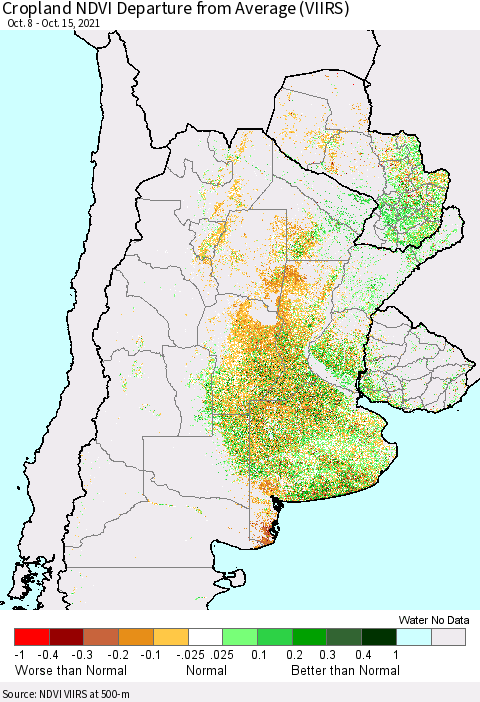 Southern South America Cropland NDVI Departure from Average (VIIRS) Thematic Map For 10/8/2021 - 10/15/2021