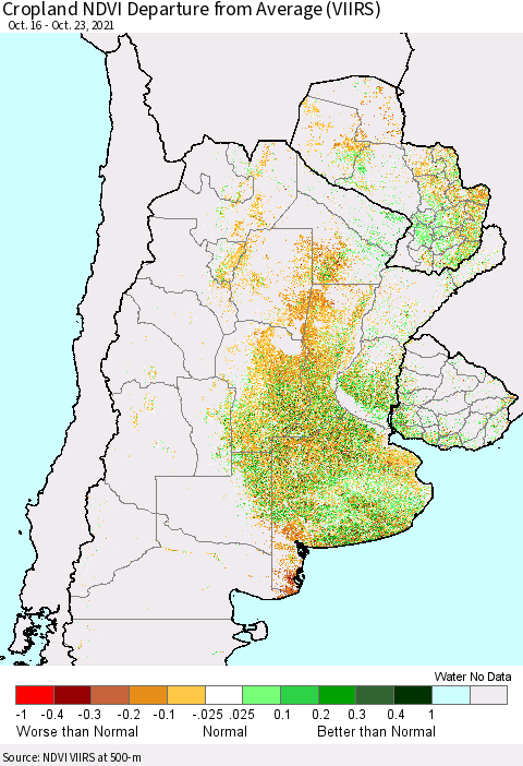 Southern South America Cropland NDVI Departure from Average (VIIRS) Thematic Map For 10/16/2021 - 10/23/2021