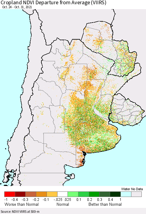 Southern South America Cropland NDVI Departure from Average (VIIRS) Thematic Map For 10/24/2021 - 10/31/2021