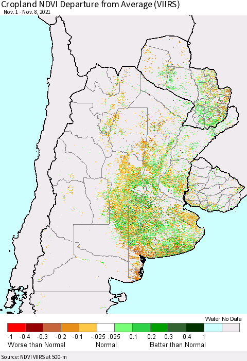 Southern South America Cropland NDVI Departure from Average (VIIRS) Thematic Map For 11/1/2021 - 11/8/2021