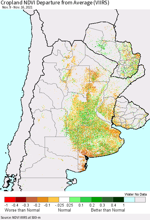 Southern South America Cropland NDVI Departure from Average (VIIRS) Thematic Map For 11/9/2021 - 11/16/2021