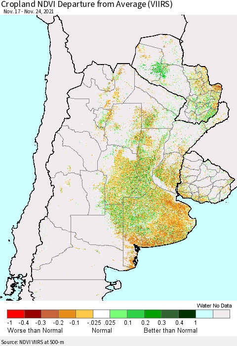 Southern South America Cropland NDVI Departure from Average (VIIRS) Thematic Map For 11/17/2021 - 11/24/2021
