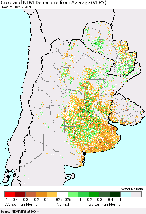 Southern South America Cropland NDVI Departure from Average (VIIRS) Thematic Map For 11/25/2021 - 12/2/2021