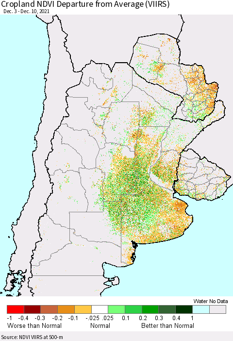 Southern South America Cropland NDVI Departure from Average (VIIRS) Thematic Map For 12/3/2021 - 12/10/2021