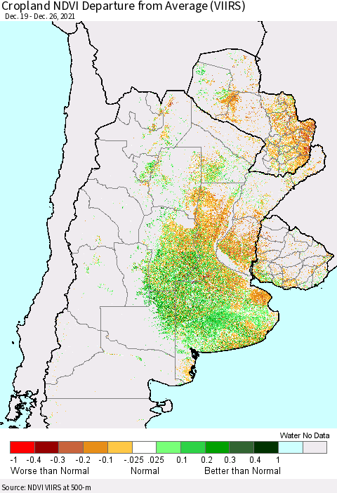 Southern South America Cropland NDVI Departure from Average (VIIRS) Thematic Map For 12/19/2021 - 12/26/2021