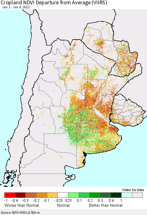 Southern South America Cropland NDVI Departure from Average (VIIRS) Thematic Map For 1/1/2022 - 1/8/2022