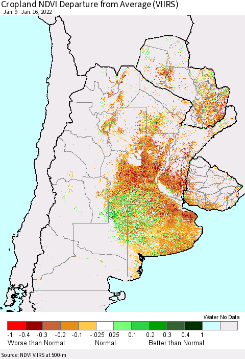 Southern South America Cropland NDVI Departure from Average (VIIRS) Thematic Map For 1/9/2022 - 1/16/2022