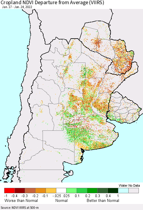 Southern South America Cropland NDVI Departure from Average (VIIRS) Thematic Map For 1/17/2022 - 1/24/2022