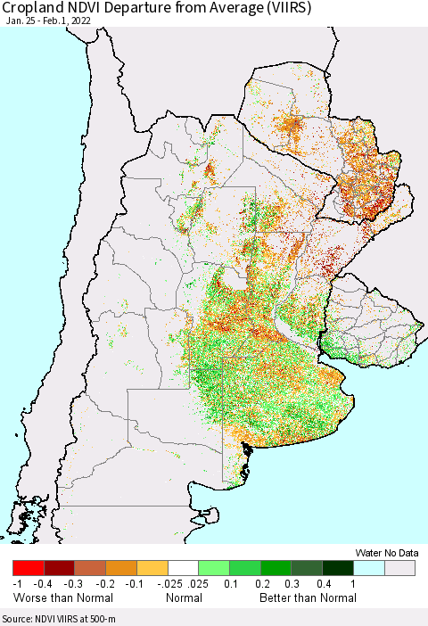 Southern South America Cropland NDVI Departure from Average (VIIRS) Thematic Map For 1/25/2022 - 2/1/2022