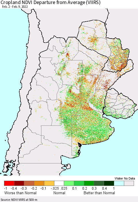 Southern South America Cropland NDVI Departure from Average (VIIRS) Thematic Map For 2/2/2022 - 2/9/2022