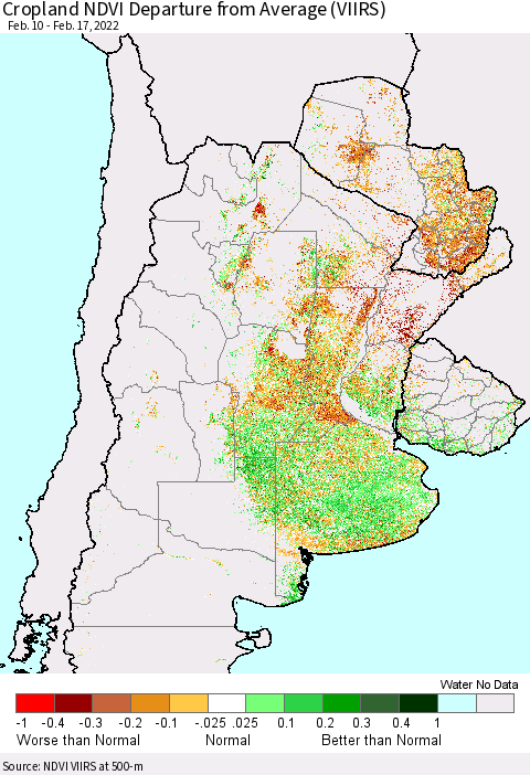 Southern South America Cropland NDVI Departure from Average (VIIRS) Thematic Map For 2/10/2022 - 2/17/2022