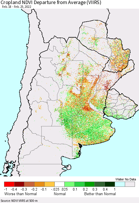 Southern South America Cropland NDVI Departure from Average (VIIRS) Thematic Map For 2/18/2022 - 2/25/2022