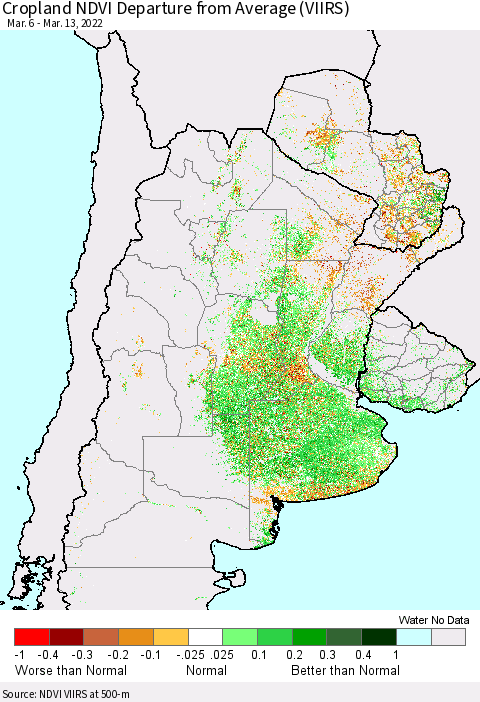 Southern South America Cropland NDVI Departure from Average (VIIRS) Thematic Map For 3/6/2022 - 3/13/2022