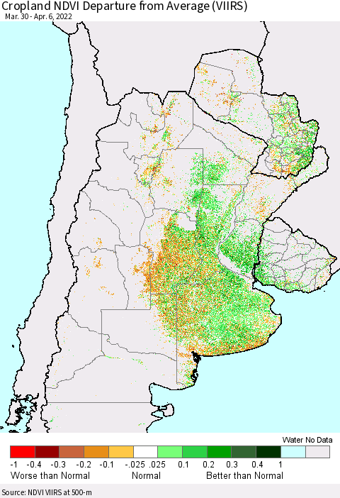 Southern South America Cropland NDVI Departure from Average (VIIRS) Thematic Map For 3/30/2022 - 4/6/2022