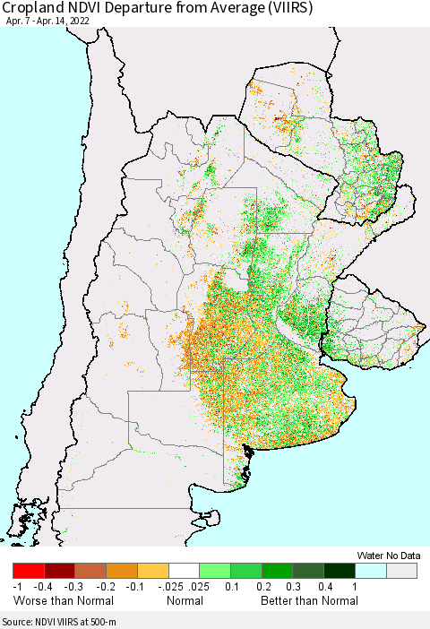 Southern South America Cropland NDVI Departure from Average (VIIRS) Thematic Map For 4/7/2022 - 4/14/2022