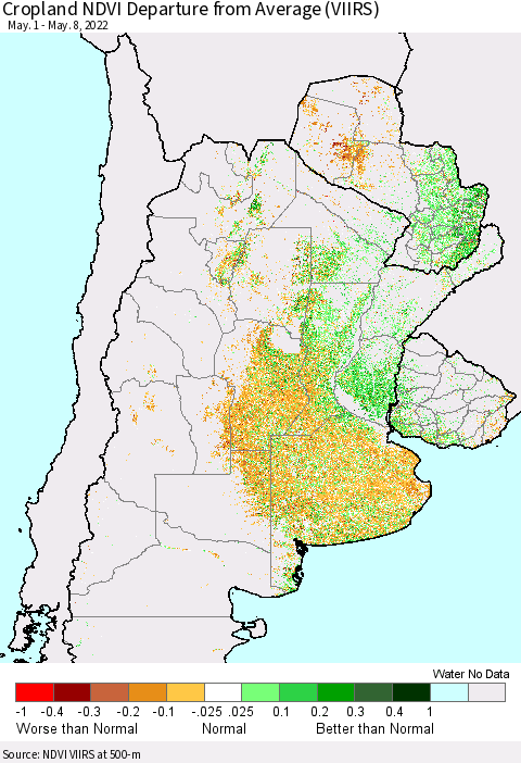 Southern South America Cropland NDVI Departure from Average (VIIRS) Thematic Map For 5/1/2022 - 5/8/2022