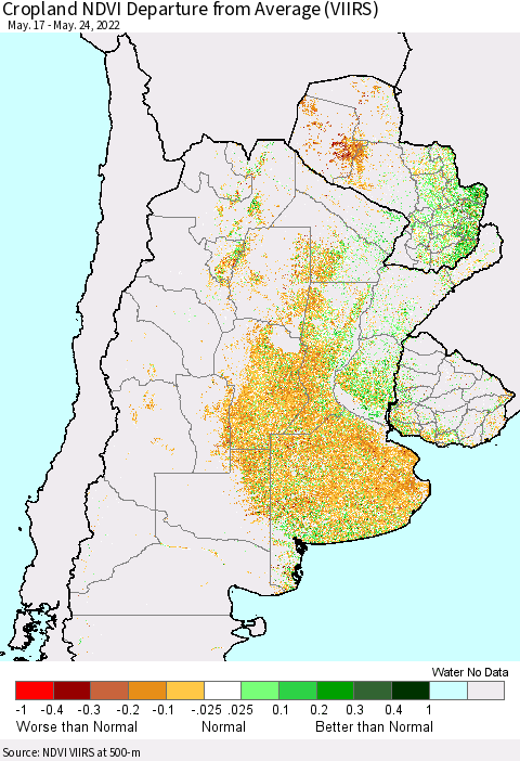 Southern South America Cropland NDVI Departure from Average (VIIRS) Thematic Map For 5/17/2022 - 5/24/2022