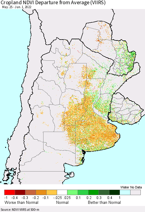 Southern South America Cropland NDVI Departure from Average (VIIRS) Thematic Map For 5/25/2022 - 6/1/2022