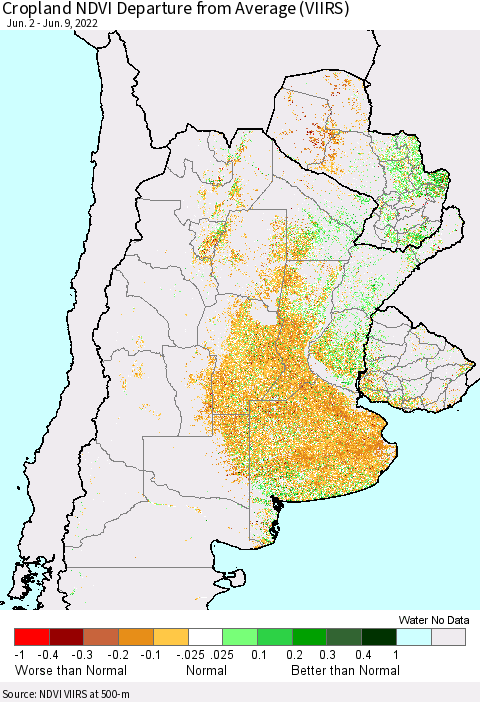 Southern South America Cropland NDVI Departure from Average (VIIRS) Thematic Map For 6/2/2022 - 6/9/2022