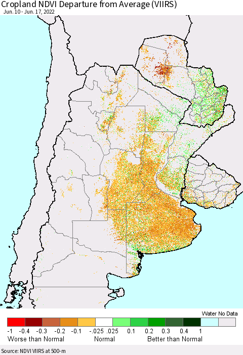 Southern South America Cropland NDVI Departure from Average (VIIRS) Thematic Map For 6/10/2022 - 6/17/2022