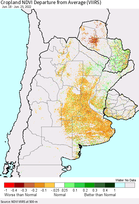 Southern South America Cropland NDVI Departure from Average (VIIRS) Thematic Map For 6/18/2022 - 6/25/2022