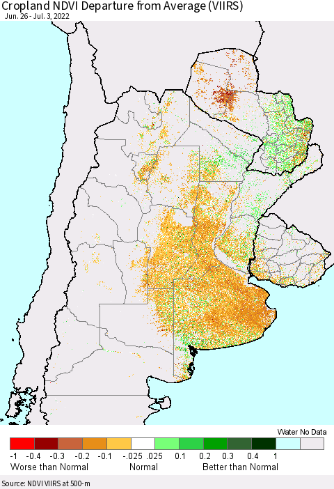 Southern South America Cropland NDVI Departure from Average (VIIRS) Thematic Map For 6/26/2022 - 7/3/2022