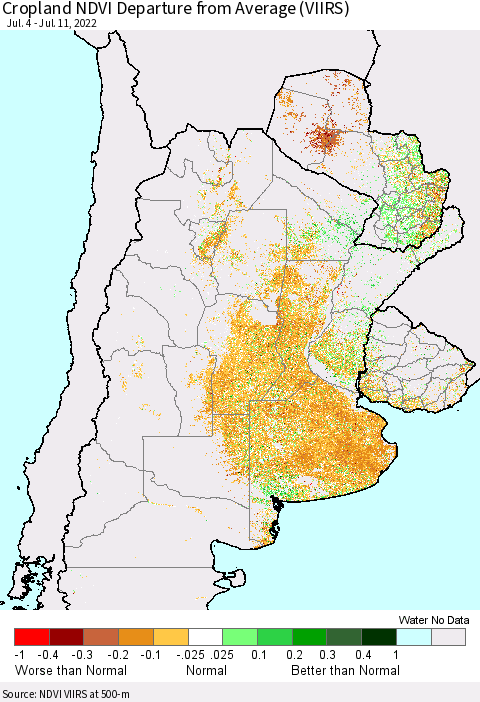 Southern South America Cropland NDVI Departure from Average (VIIRS) Thematic Map For 7/4/2022 - 7/11/2022