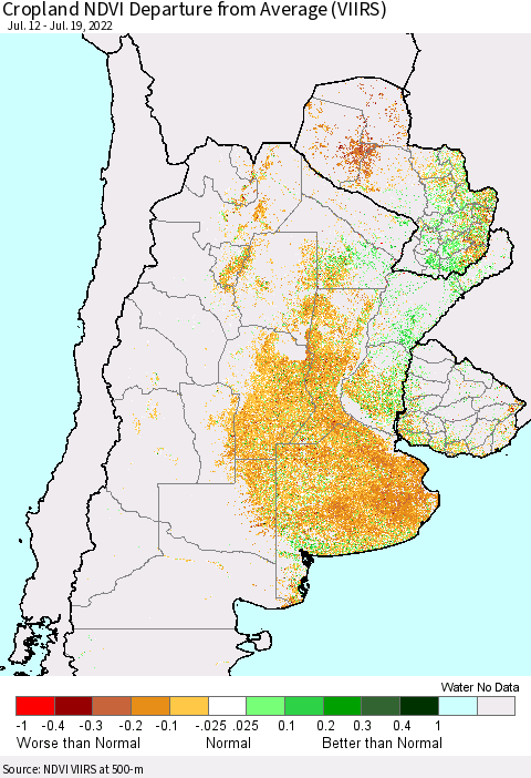 Southern South America Cropland NDVI Departure from Average (VIIRS) Thematic Map For 7/12/2022 - 7/19/2022