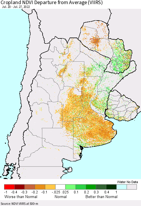 Southern South America Cropland NDVI Departure from Average (VIIRS) Thematic Map For 7/20/2022 - 7/27/2022