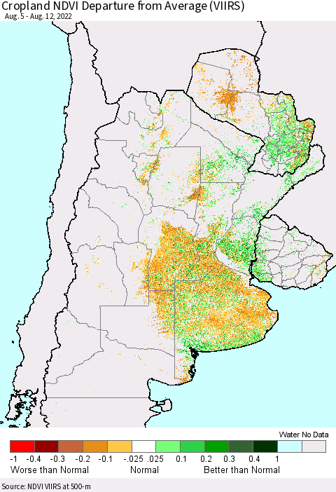 Southern South America Cropland NDVI Departure from Average (VIIRS) Thematic Map For 8/5/2022 - 8/12/2022