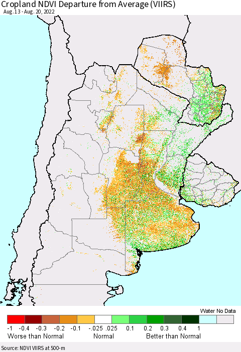 Southern South America Cropland NDVI Departure from Average (VIIRS) Thematic Map For 8/13/2022 - 8/20/2022